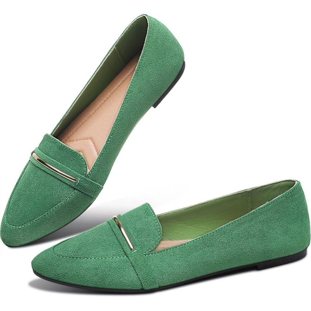 Obtaom Women's Olive Green Faux Suede Pointy Toe Slip On Loafer Ballet Flat